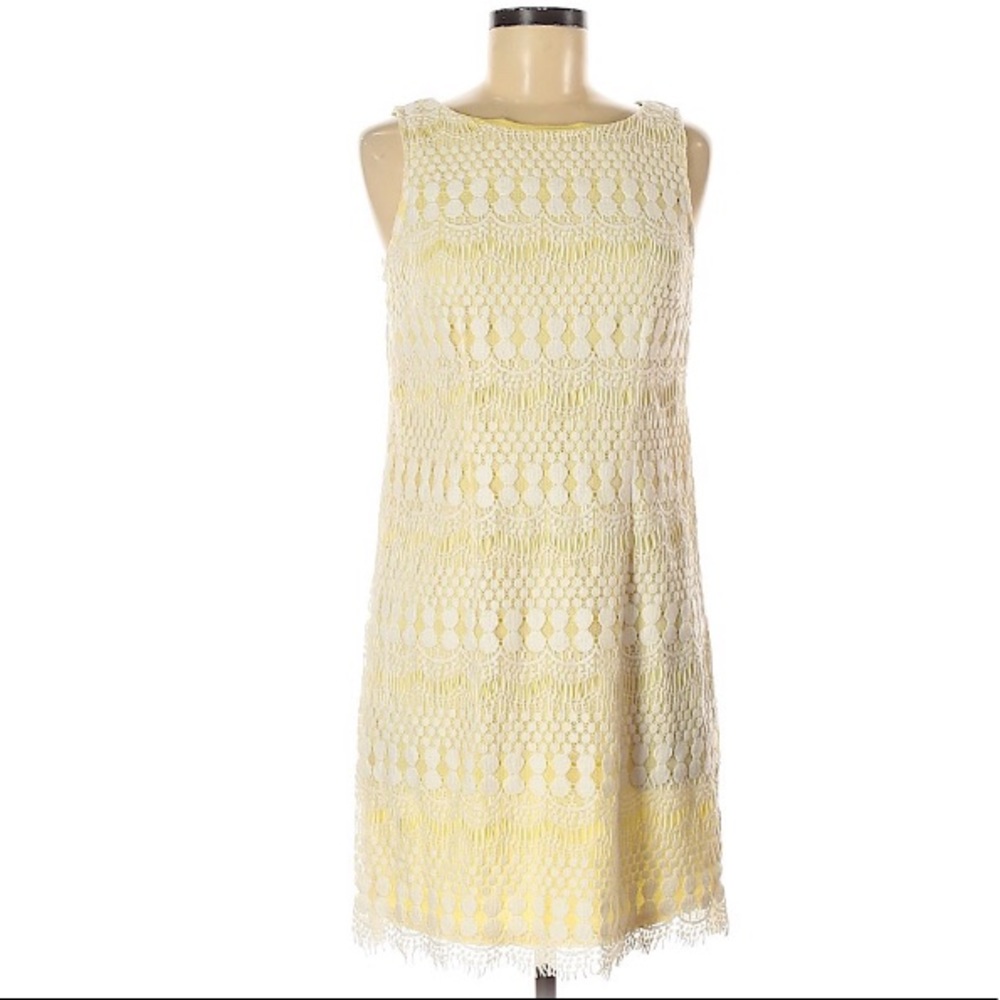 Pale yellow with cream lace overlay size 8 petite.